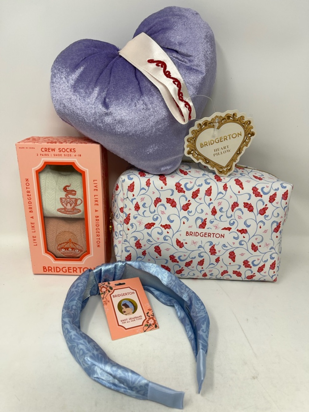 BRIDGERTON Netflix BUNDLE 4 Satin Headband 2 Socks Heart Pillow Zip Pouch NWT - Picture 1 of 16
